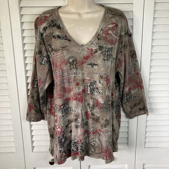 Glima Woman Brown Red Black Paris Theme Jersey Top 3X *See Measurements - Picture 1 of 10